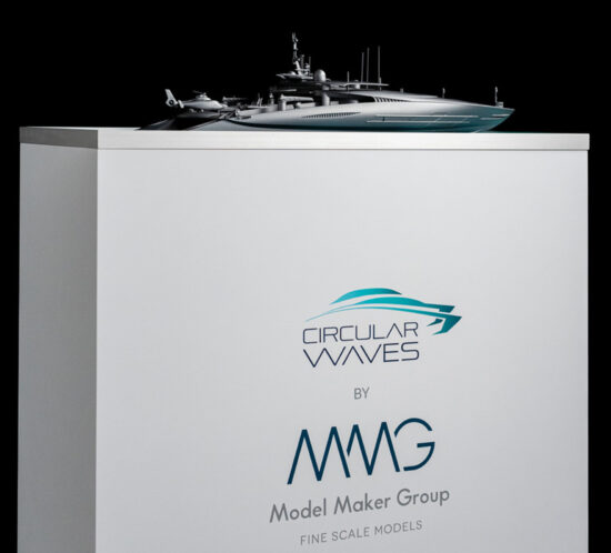 a model ship on a white box